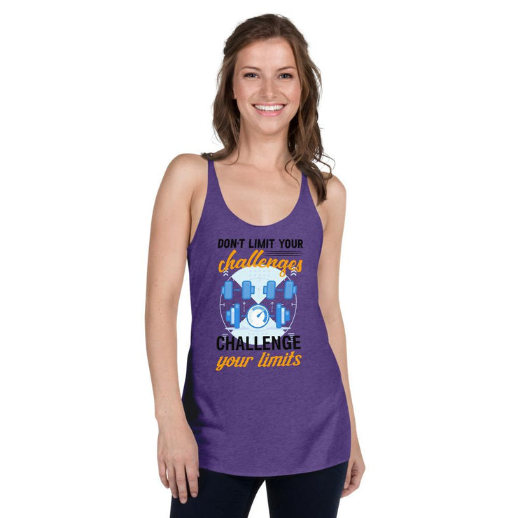 Don't Limit Your Challenges - Challenge Your Limits [Series: Weights Clock-Work] | T Shirt For Her Women's Racerback Tank - Fitness Mallomo