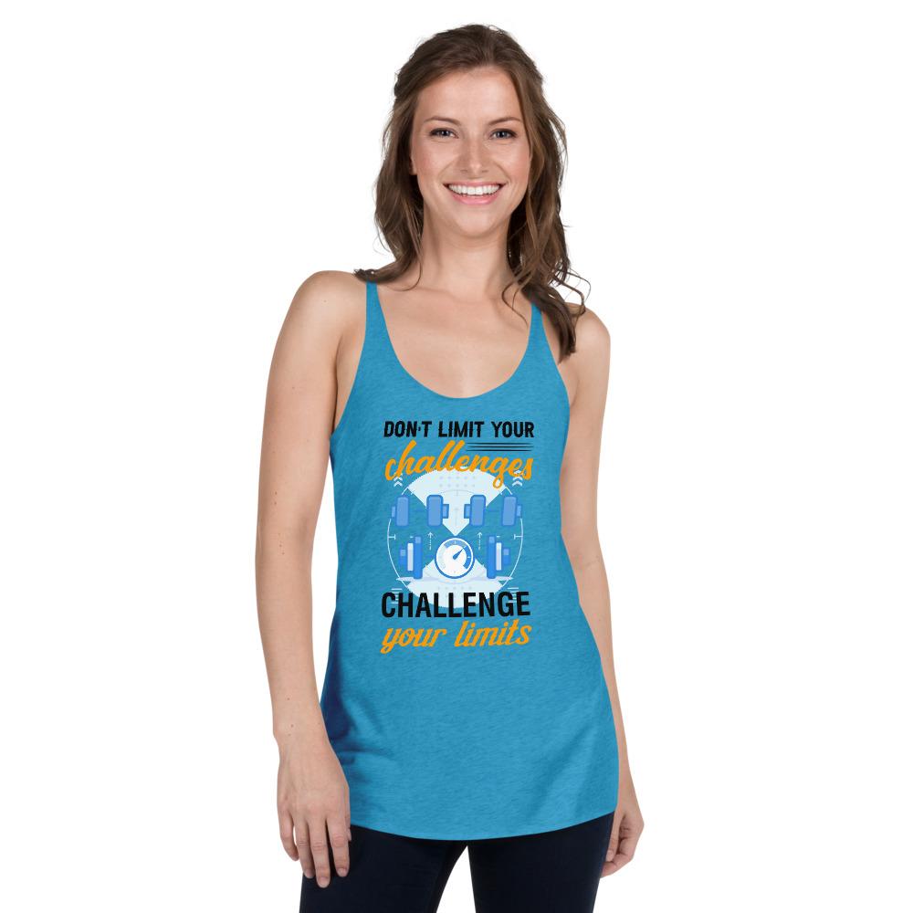 Don't Limit Your Challenges - Challenge Your Limits [Series: Weights Clock-Work] | T Shirt For Her Women's Racerback Tank - Fitness Mallomo